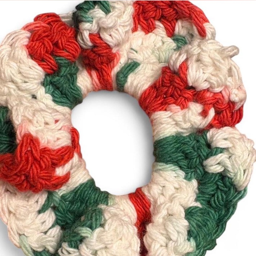 Green red and white cotton crochet scrunchie thick stretchy retro hair accessory